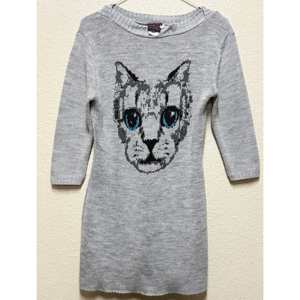 Hot Shot Gray Knit Cat Graphic Sweater Dress Crew Neck 3/4 Sleeve S